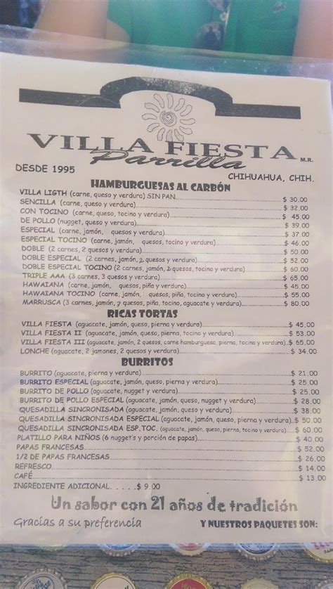 Carta Del Restaurante Villa Fiesta Chihuahua