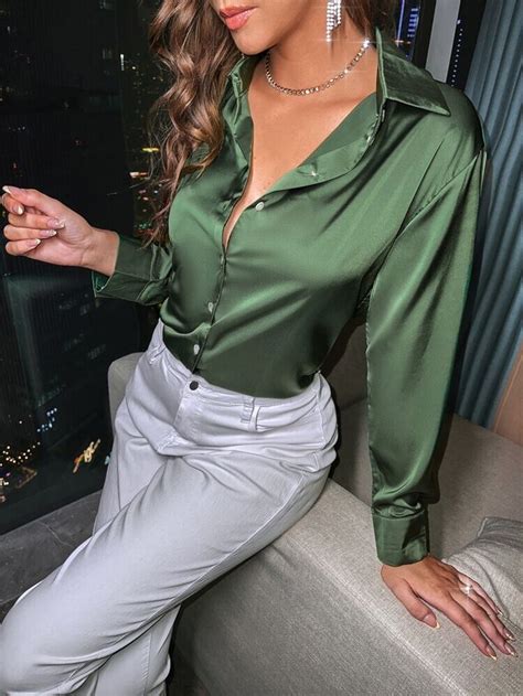 Satin Button Up Shirt In Satin Blouse Outfit Satin Blouses