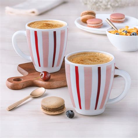 Larah By Borosil Toughened Opal Glass Mug Set Red Striped 2 X 390 Ml