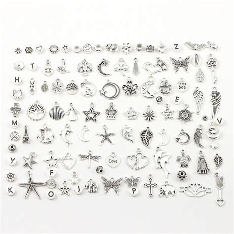 50pcs Antique Silver Charms Pendants Kits, Alloy Silver Pendants Mixed ...