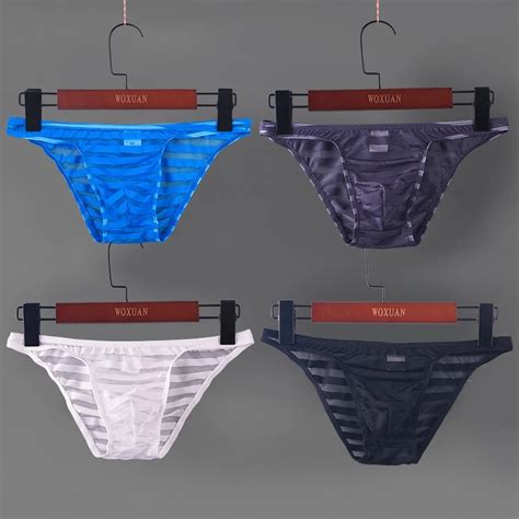 Men Mesh Striped Briefs Man See Through Nylon Underwear Male Penis Bikini Gay Pouch Slip Homme
