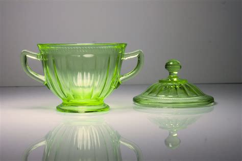 Sugar Bowl Federal Glass Colonial Fluted Green Vaseline Glass