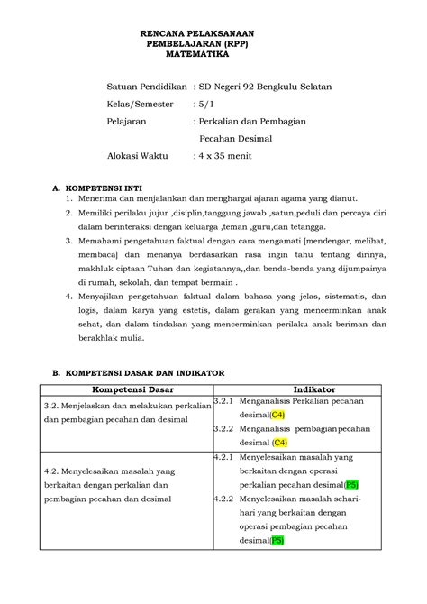 1 RPP Operasi Hitung Pecahan Mahidin RENCANA PELAKSANAAN