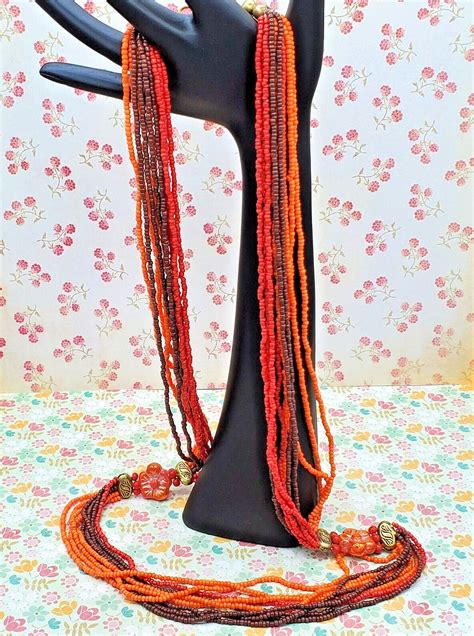 Multi Strand Glass Seed Bead Necklacebrown Red Orange Gem