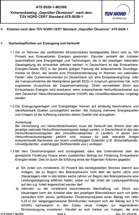 A75 S026 1 MU300 Kriterienkatalog Geprüfter Ökostrom nach dem TÜV NORD