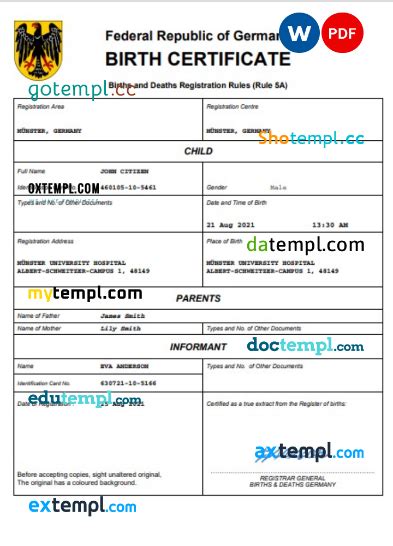 Germany Birth Certificate Word And Pdf Template Completely Editable