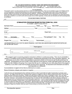 Fillable Online GYMNASTICS PROGRAM REGISTRATION FORM FALL 2016 Fax