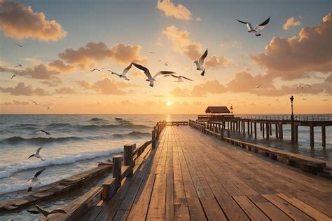 Premium Photo Wooden Pier At Sunset With Seagulls Flying In The Sky