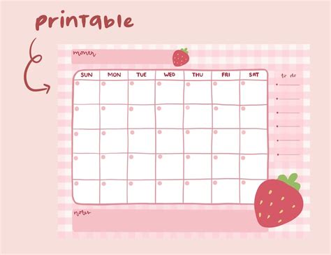 Cute Strawberry Printable Calendar Digital Calendar Etsy