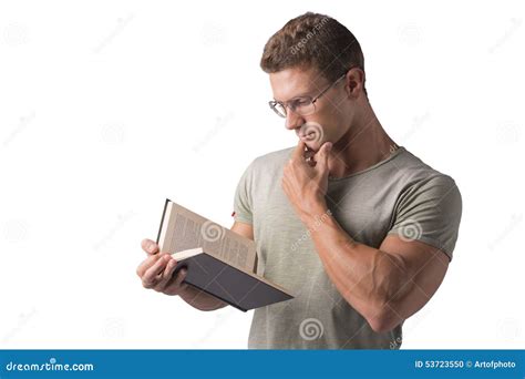 Man Reading Big Book Isolated On White Background Stock Photo Image