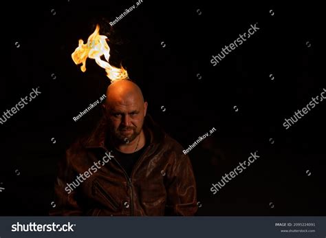 Bald Man Leather Jacket Burning Head Stock Photo 2095224091 Shutterstock