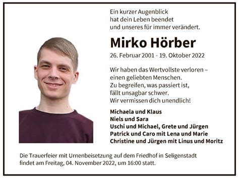 Traueranzeigen von Mirko Hörber trauer op online de