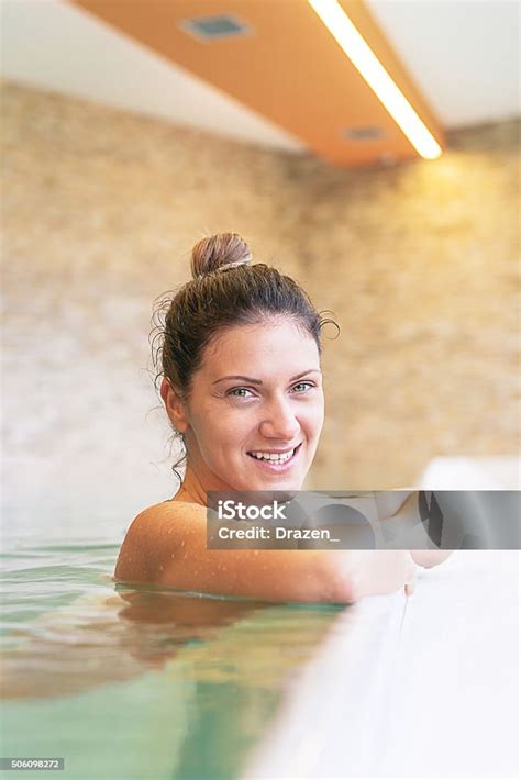 Beautiful Woman Relaxing In Spa And Swimming In Swimming Pool Stock