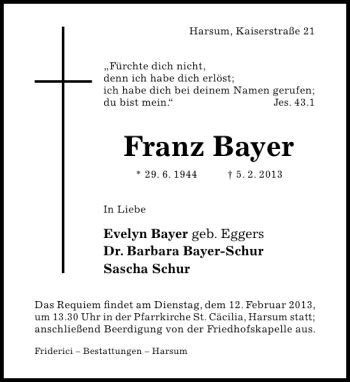 Traueranzeigen Von Franz Bayer Trauerportal Hildesheimer Allgemeine