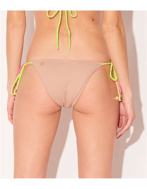 Nude Beige Brazilian Bikini Bottom With Yellow Pink Ties Bottom
