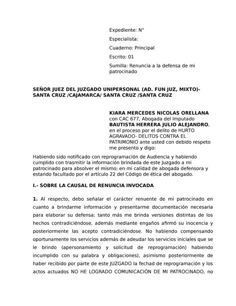 Renuncia Del Proceso Expediente N° Especialista Cuaderno Principal