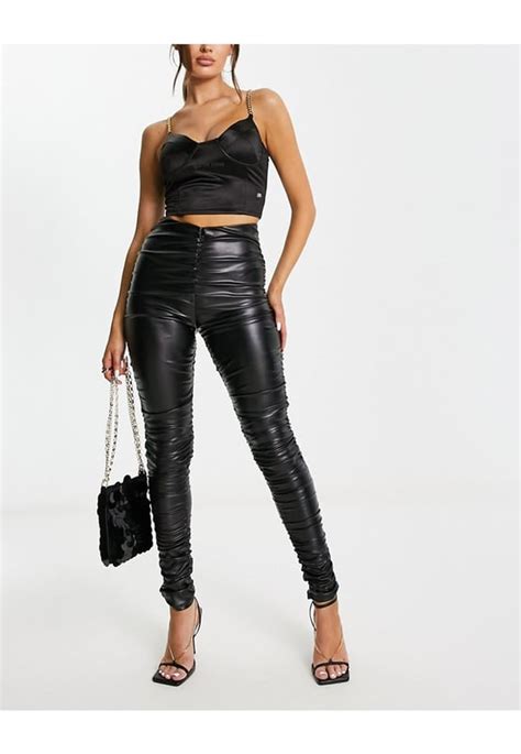 Asos Design Leather Look Ruched Legging In Black