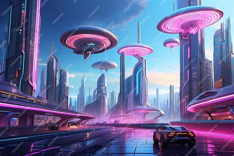 Ficción Panorámica Cyberpunk Futuristic City Con Letreros De Neón Y Luces De Neón Ciudad Con