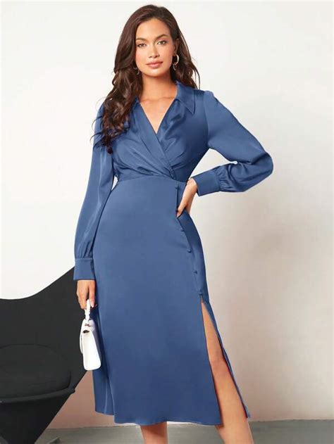 Shein Bizwear Solid Split Thigh Satin Dress Workwear Shein Usa