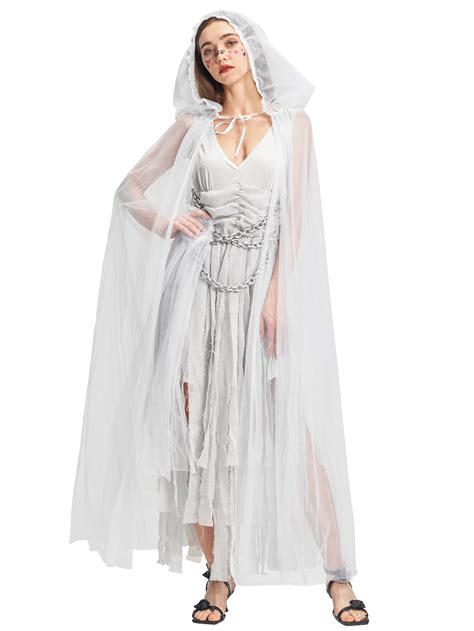 Adults Women Ghost Bride Costume Halloween Zombie Fancy Dress And Hooded