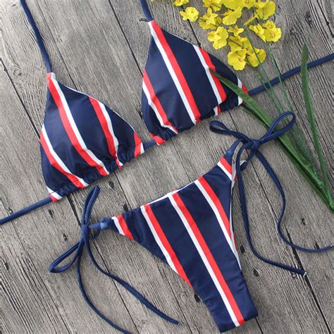 Nautical Striped Slide Triangle String Brazilian Two Piece Bikini Swim