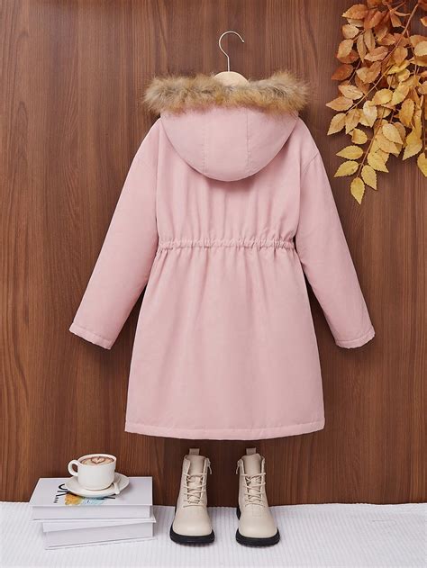 Shein Chica Preadolescente Parka Abrigo De Invierno Ribete Lanudo Con