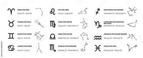 Zodiac signs. Astrology and horoscope symbols with date of birth and ...