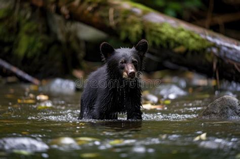 A Black Bear Cub Playing in a Shallow River. Generative AI Stock Illustration - Illustration of ...