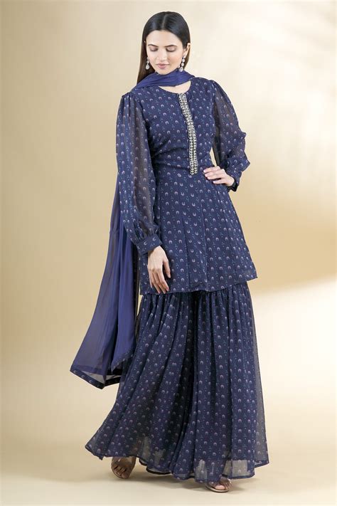 Buy Blue Chiffon Round Printed Kurta Sharara Set For Women By Neha