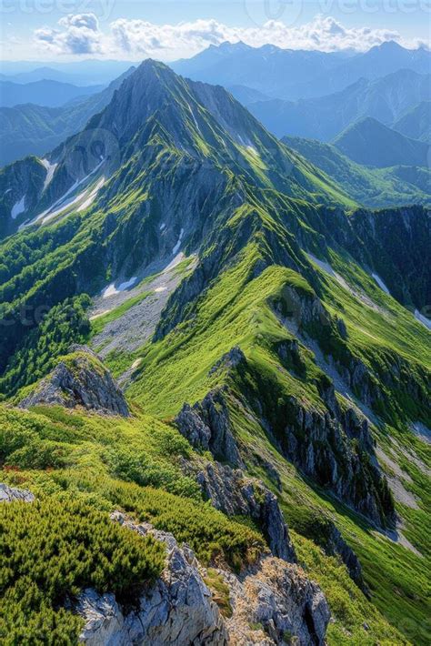 scenic mountain ridge stretches  distant peaks green grass
