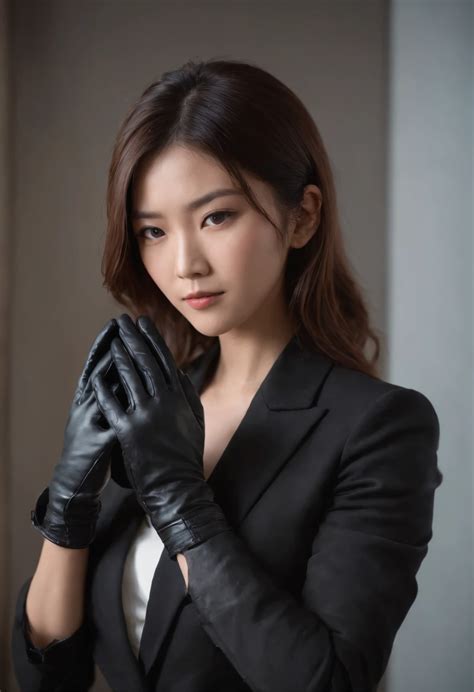 A close up of a woman wearing a suit and gloves - SeaArt AI