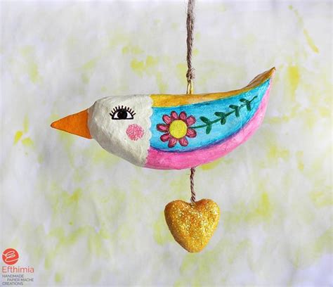 Paper Mache Hanging Bird Ornament Bird Wall Hanging Whimsical Paper