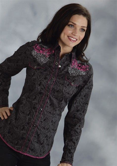 Roper® Womens Black Paisley Embroidered Long Sleeve Octagon Snap Front Western Shir Women