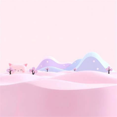 A Pink And Blue Landscape With A Cartoon Cat Peeking Out From Behind A