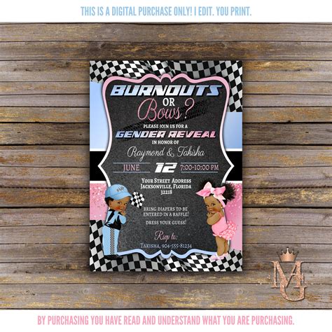 Burnouts Or Bows Gender Reveal Invitation Light Blue And Etsy