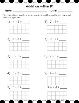 Addition Within 10 With Ten Frames Missing Total And Addends TPT