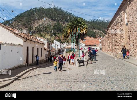 Sucre Bolivia April 21 2015 Local People Walk On Cobbled Streets