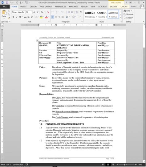 Procedure Manual Template Word Free