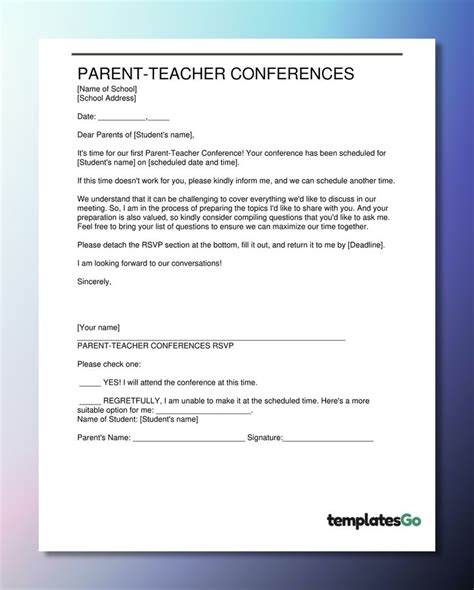 Parent Teacher First Conferences Invitation Template For New School