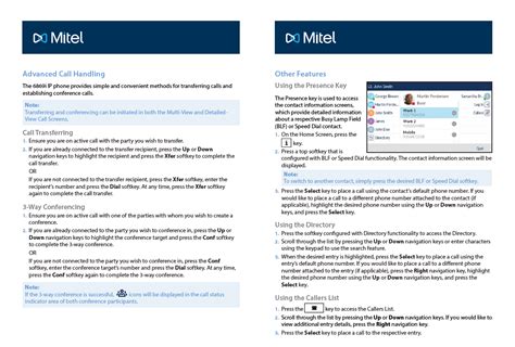 Mitel 6869i Sip Phone Quick Reference Guide Support