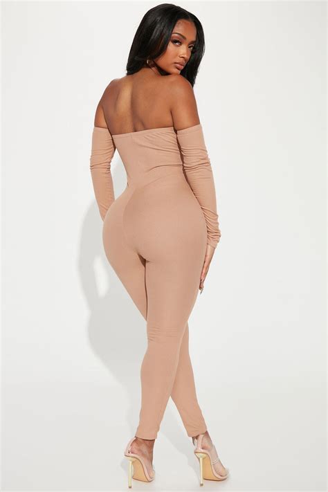 Soothe Off Shoulder Rib Jumpsuit Tan Fashion Nova Jumpsuits