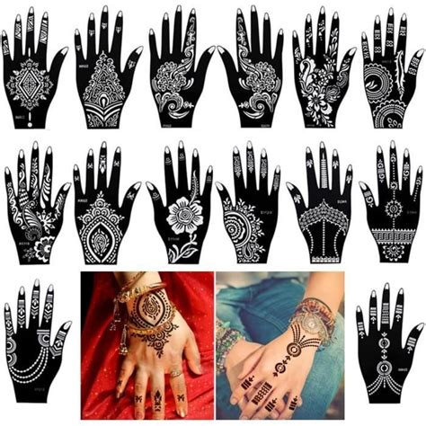 14 Feuilles Tatouage Pochoir Pour La Main Mehndi Tatouages Tatouage