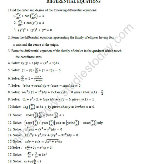 CBSE Class 12 Mathematics Differential Equation Worksheet Worksheets