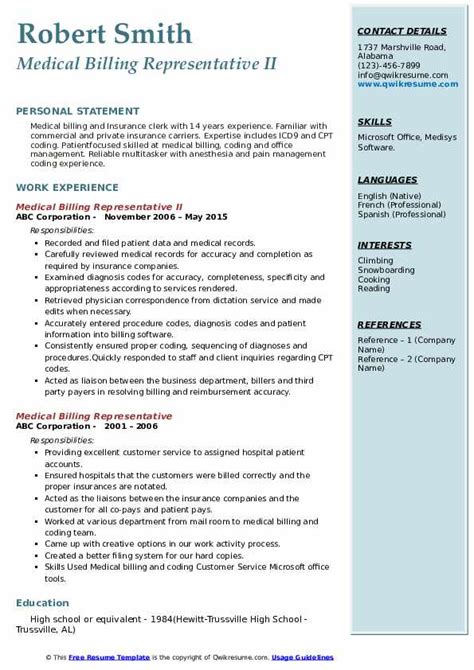 Medical Billing Representative Resume Samples Qwikresume