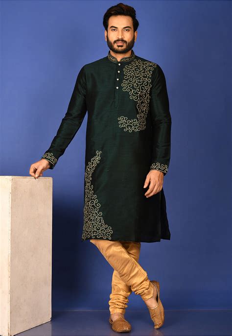 Buy Embroidered Dupion Silk Kurta Set In Dark Green Online Mlc1935