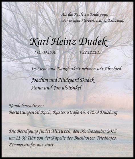 Traueranzeigen Von Karl Heinz Dudek Trauer In NRW De