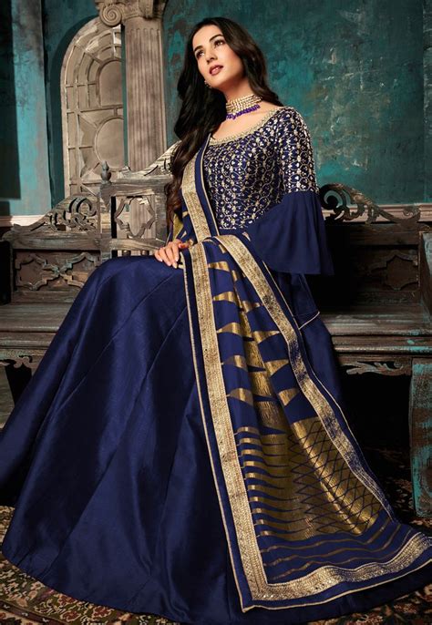 Sonal Chauhan Navy Blue Silk Embroidered Long Anarkali Suit 7407