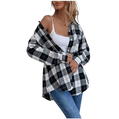 Zyekqe Plaid Shacket Jacket Women Long Sleeve Lapel Button Down Shirts Oversized Tops Blouse