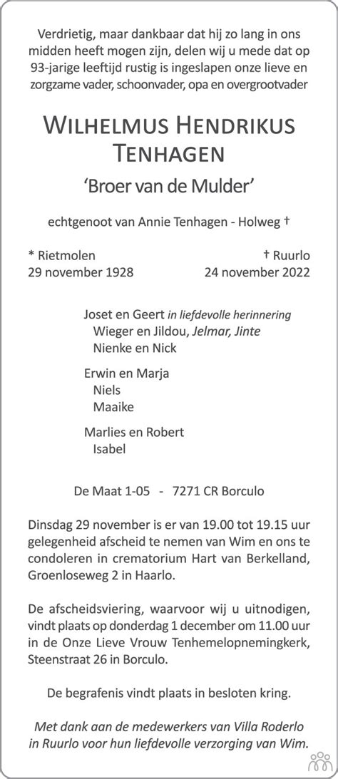 Wilhelmus Hendrikus Broer Van De Mulder Tenhagen 24 11 2022