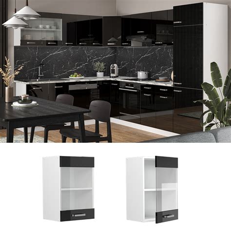 meuble de cuisine haut vitré R Line Noir Haute brillance Blanc 40